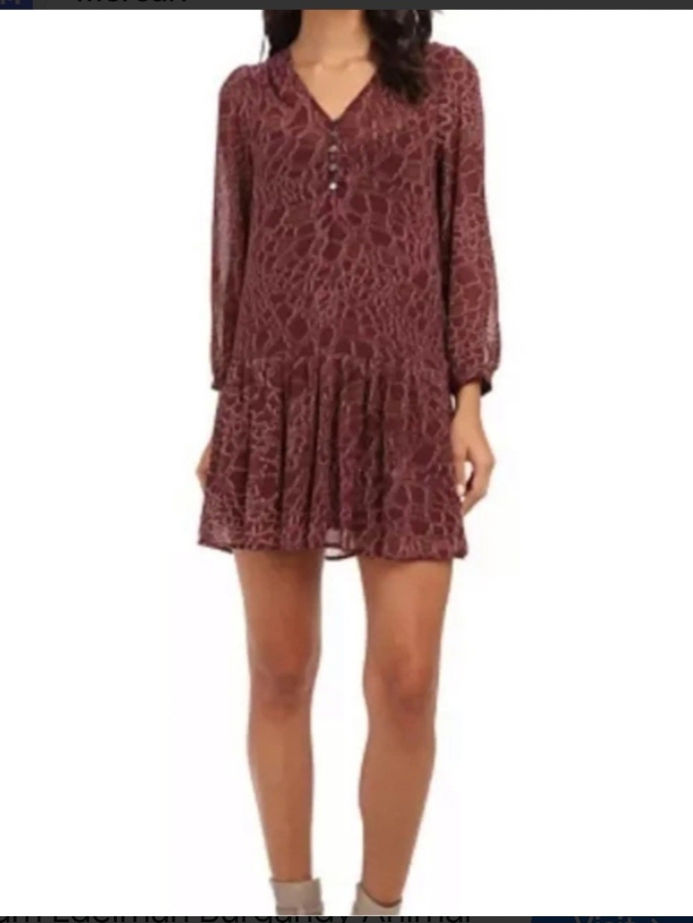 Sam Edelman Sheer Fairy Flowy Burgundy Printed Boho Long-Sleeve Tiered Dress